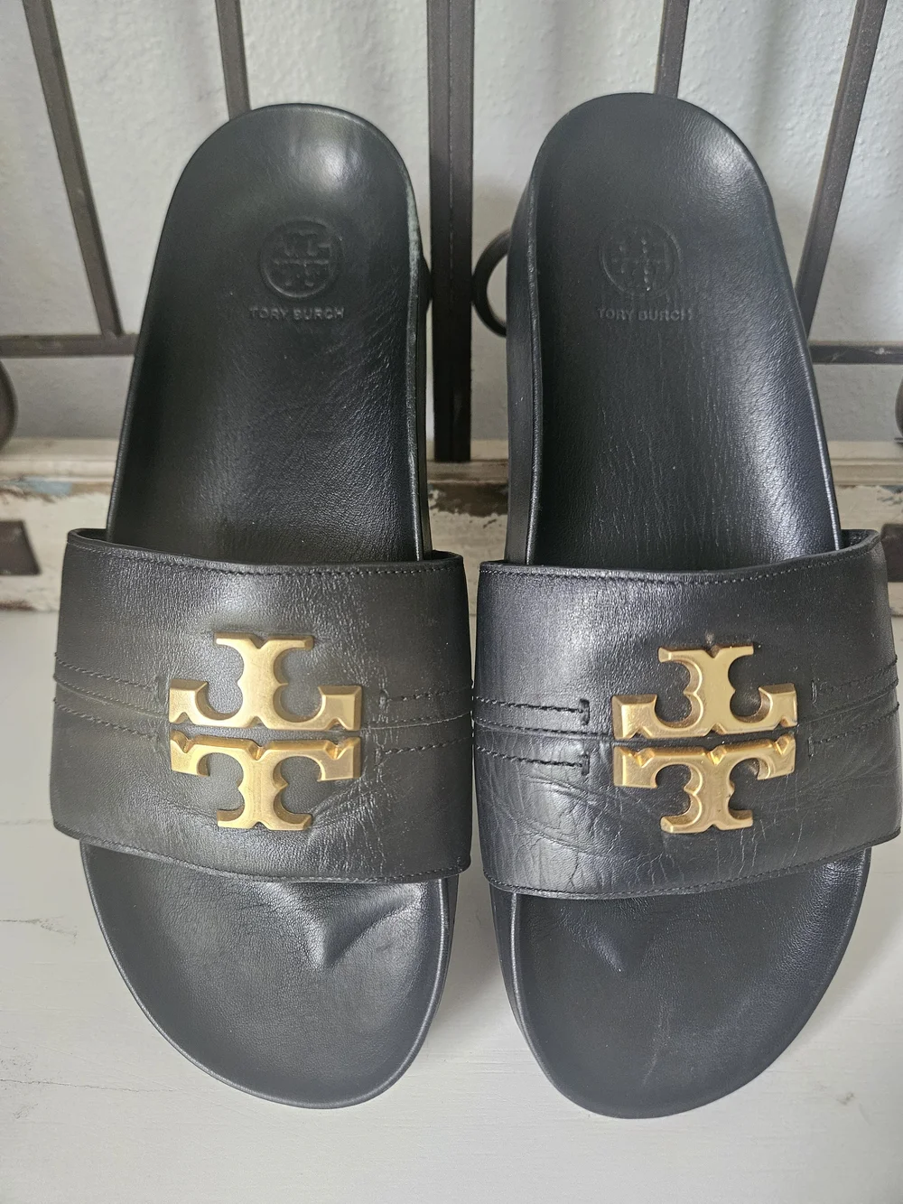 Tory Burch Everly Anatomic Cloud Leather Slide Sandals Black Gold Size 9